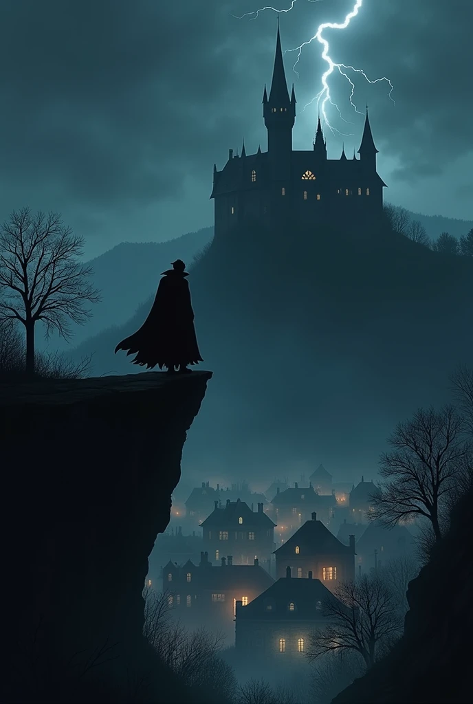 a small gothic town with lights only inside the buildings, behind and on top of a high hill is a dark and spooky castle and between the castle and the townd is a vampire count on top of a cliff under a dark sky with one lightningbolt glooming in the night