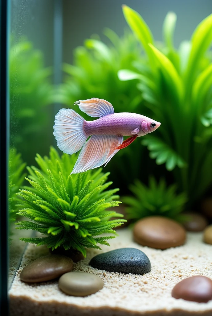 aquascape that consists a 5 gallon 38cm×18cm×28cm rectangle  tank, aquatic plant java fern, 2 marimo balls, some round or oval river stones, a light colored hard sand substrate and maybe colored background with good lighting. Also put a light color betta fish that suits to be inside it. Focus on the aquascape arrangements