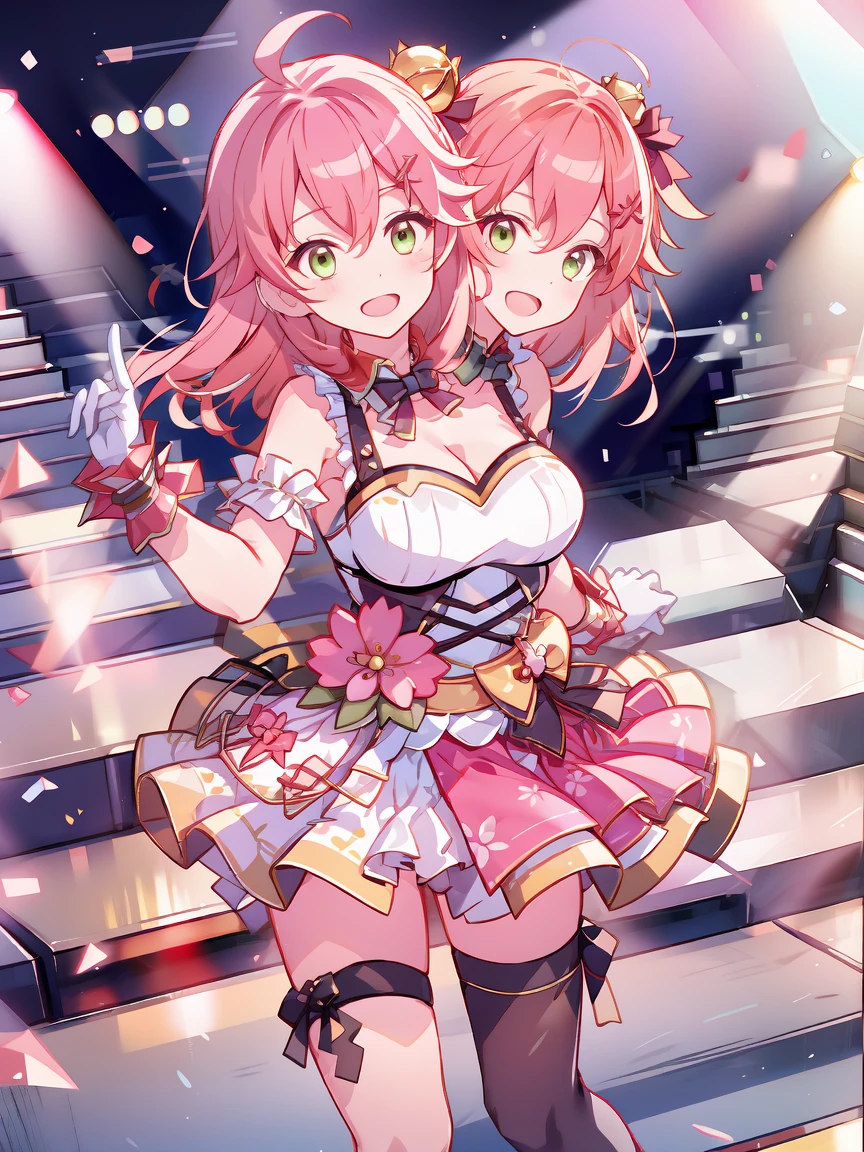 (masterpiece, best quality), best resolution, 16k, close-up, BREAK (2heads:1.5), ((cheek to cheek)), 1girl, solo, BREAK miko4, hololive idol uniform, sakura miko, idol clothes, green eyes, ahoge, pink hair, x hair ornament, hairclip, single thighhigh, white gloves, long hair, floral print, bell, hair bell, cleavage, pink thighhighs, one side up, BREAK (standing, stand straight), look at viewer, (both hands above chest, perfect hands), ((cheek-to-cheek)), singing, open mouth, exciting, concert stage, starfield, spotlight, BREAK concert stage, spotlight