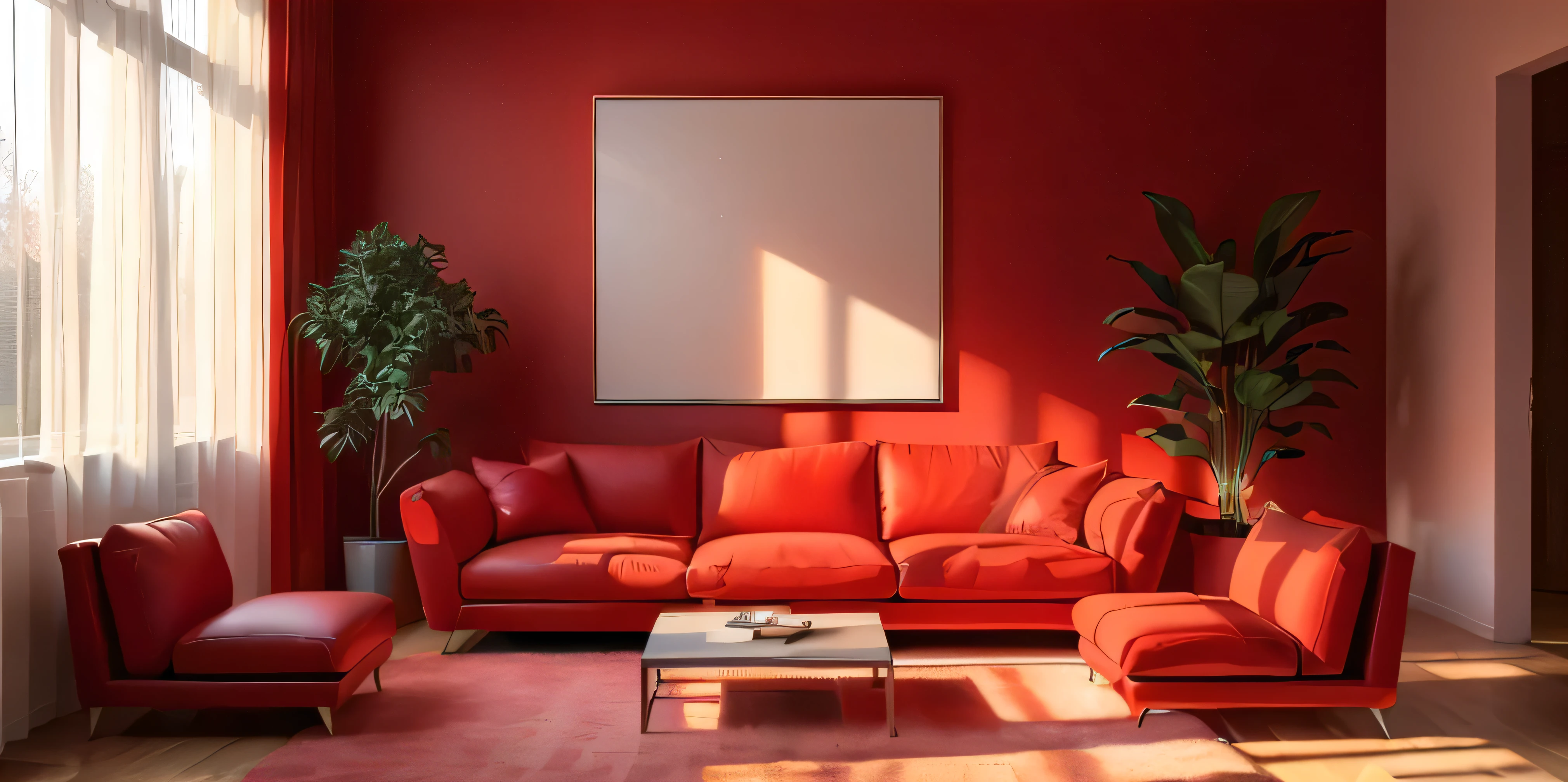 a brightly colored living room with Red Walls and a red couch, red realistic 3 d render, Red Theme, Os tons vibrantes de vermelho, Red and movie lights, Warm-colored furniture, Red Room, Red Theme, The main color is red, red color scheme, Bright colors,With red hue, Monochromatic red, Living room wall background, Red interior, Red Wall, red only,CG art style,illustration