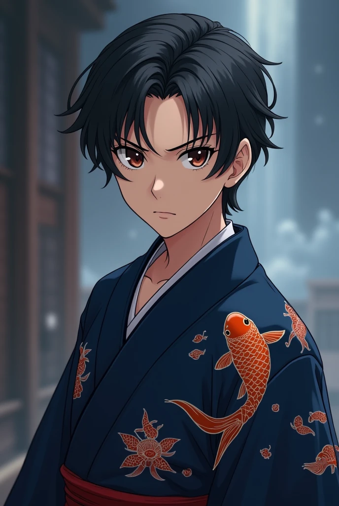 Young male character with black hair slicked back, dark brown eyes, wearing a dark blue kimono with a goldfish print, demon slayer anime style