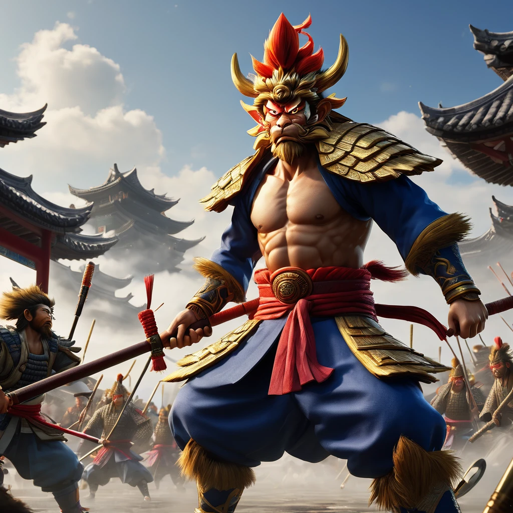 masterpiece、high resolution、high resolution、Detailed Description、beautiful、art、Wukong、孫Wukong、cool、人間のcoolな表情を併せ持つWukong、 Ruyi stick、Sengoku Warlord Fashion、battlefield scene、Serious expression、 Inspired by Wukong、4K Graphics、