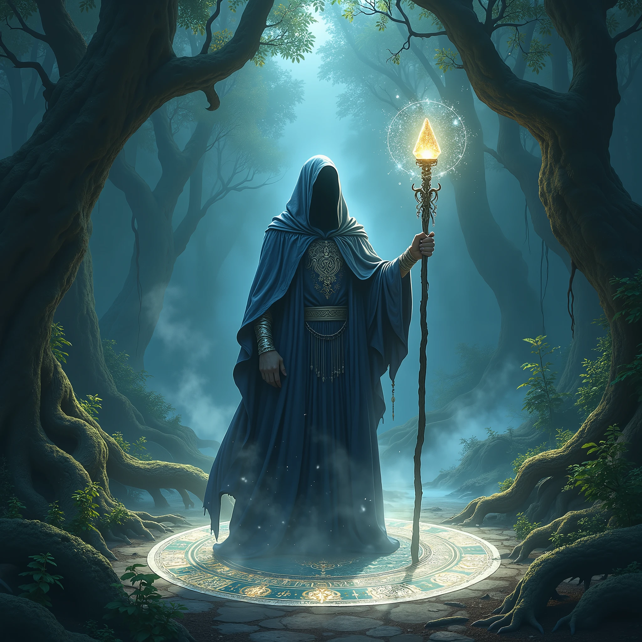 In the depths of an ancient, shadow-filled forest, where the whispers of the wind carry secrets of old, stands a towering figure cloaked in twilight. This is the realm of the mystical sorcerer, whose presence commands awe and reverence. The sorcerer is enveloped in a flowing robe that shimmers with the colors of the deep ocean and starlit sky, woven with silver threads that glimmer like a constellation cast upon the fabric. In his hand, he holds a staff made from the twisted branches of the world tree, topped with a clear crystal orb that pulses with a soft, otherworldly light. His eyes, deep and penetrating, seem to see beyond the mere physical realm, holding knowledge of ancient spells and forgotten worlds.

In front of him, a complex set of glowing sigils are etched into the ground, pulsating with magical energy. These runes form a circling pattern that evokes the cosmic order, spiraling into the ether. The air crackles with anticipation as ethereal, ghostly mists rise from the earth, entwining around the sorcerer's form, creating an aura of power and mystery. Luminescent wisps flit about like curious spirits, drawn to the sorcerer’s spectral call.

The background is a tapestry of towering, darkened trees, their gnarled branches like skeletal fingers reaching towards the heavens, draped in veils of emerald moss. Above, the canopy is pierced by shafts of silvery moonlight, casting an enchanted glow over the scene. In the distance, the faint roar of a cascading waterfall can be heard, harmonizing with the rhythmic chanting of the sorcerer as he summons forces unknown to mortal man. The atmosphere is thick with the aroma of ancient wood, damp earth, and the subtle hint of sage burning in the conjuring ritual.

This setting creates a sense of timeless magic, a moment caught between reality and legend, where the line between the seen and unseen blurs, inviting those who dare to witness the unveiling of arcane mysteries. Let this scene evoke the grandeur of a tale as o