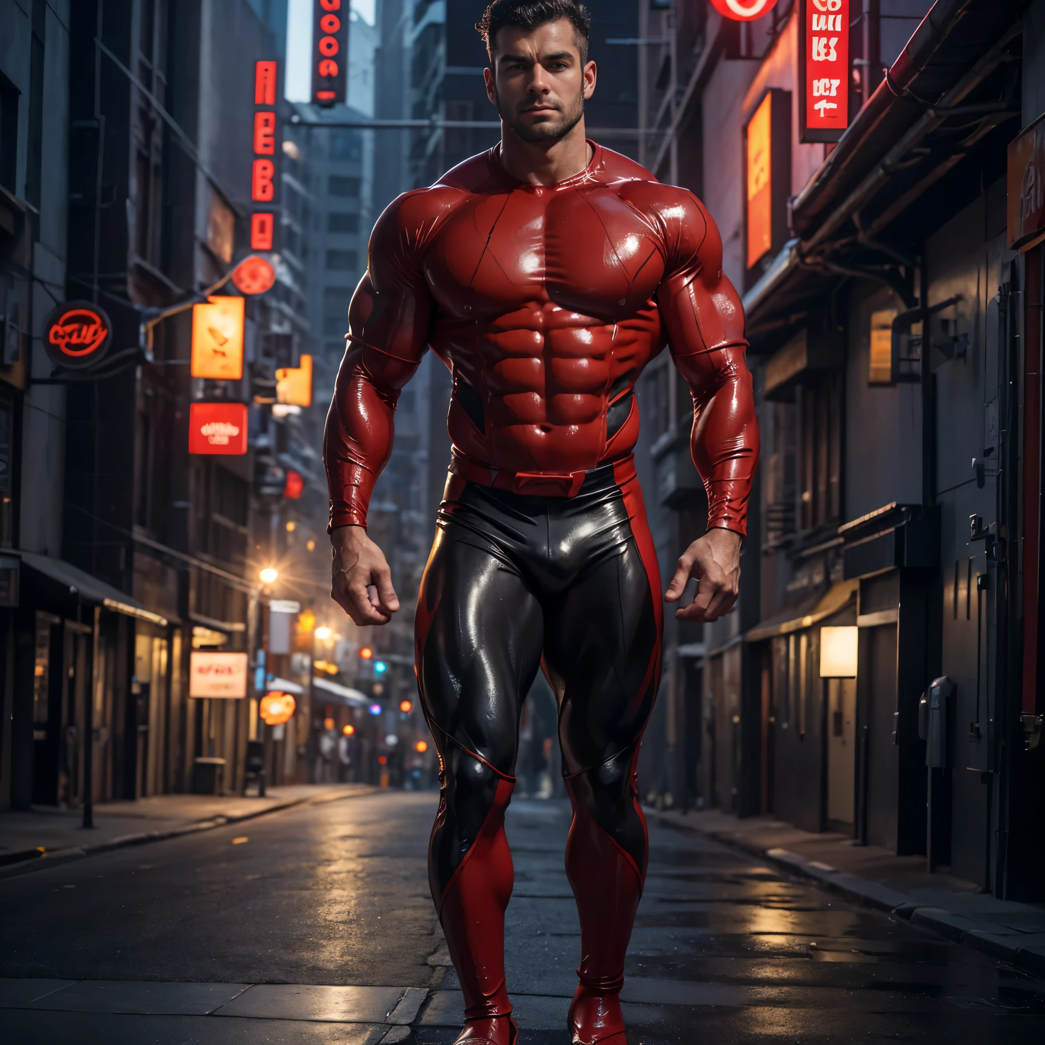 arafed man in a red and black wet suit standing in a street, huge glistening muscles, rubberhose style, superhero body, exaggerated muscle physique, rubbery-looking body, rubbery - looking body, rubber suit, muscular male hero, hard rubber chest, bulging muscles, exaggerated muscles, sci - fi armour! muscular