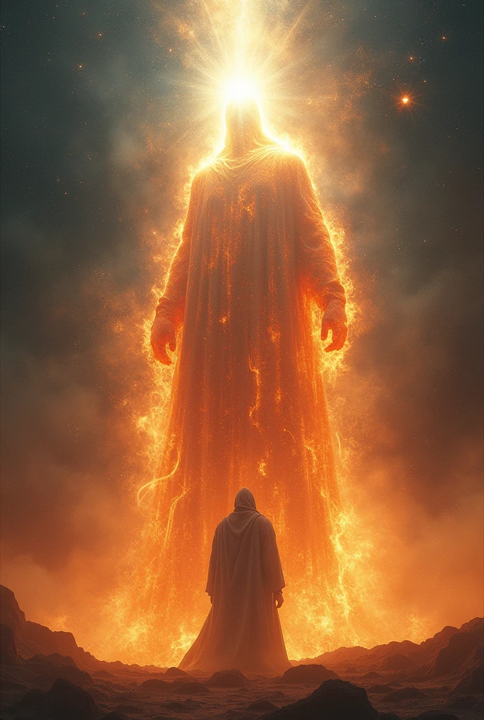 Generate images of the back of a giant man in a robe of fire and light.
Cover his face with White light and put him in the centre of the universe