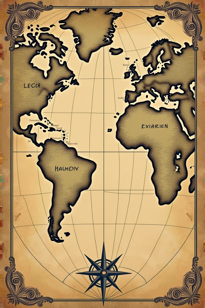 Make a cartography style map, but try to make the lines more cartoonish, try something more medieval artistic. Try adding a compass rose to the bottom corner of the map, don't make the lines so realistic, I want something cartoon style , add two more continents