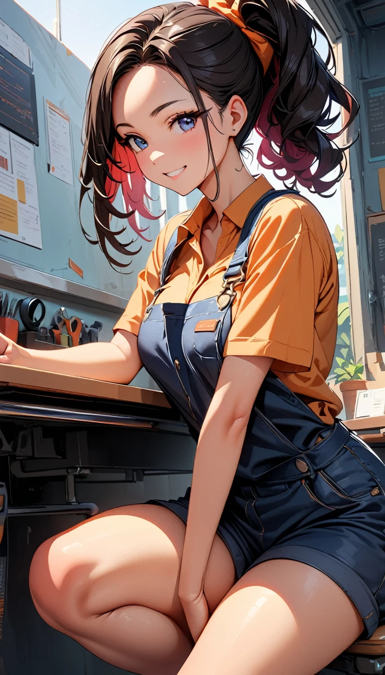 (Highest quality:1.2, Very detailed, up to date, Vibrant, Ultra-high resolution, High Contrast, masterpiece:1.2, Highest quality, Best aesthetics), Beautiful female mechanic, sexy, Work clothes, Overalls, Best Body Line, Beautiful attention to detail, A professional and confident smile, Detailed facial features, Elegant hairstyle, Power tools, detailed machine, Job description written on the wall, neatly organized desk, Precision work, Adorable,