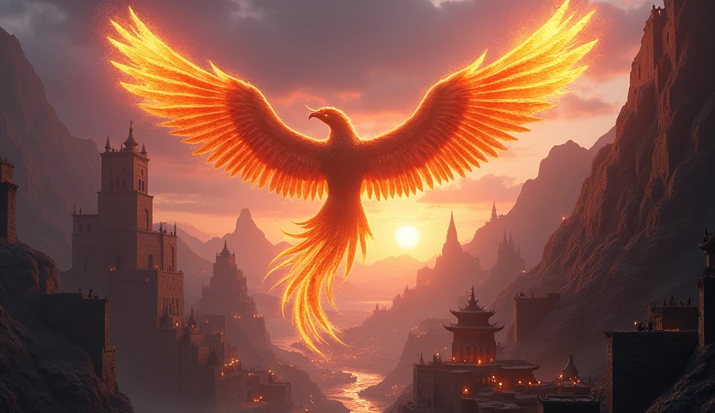 A colossal Phoenix flying over an ancient, mythical city built into a mountain. The city is illuminated by the fiery glow of the Phoenix, with its wings outstretched and feathers trailing sparks of fire. The city below features towering spires, stone temples, and winding streets filled with flickering torches. The sky is a mix of deep purples and oranges, with the sun setting in the distance, casting a warm glow over the scene. The Phoenix’s presence is both awe-inspiring and ominous, symbolizing power and the cycle of destruction and rebirth.
