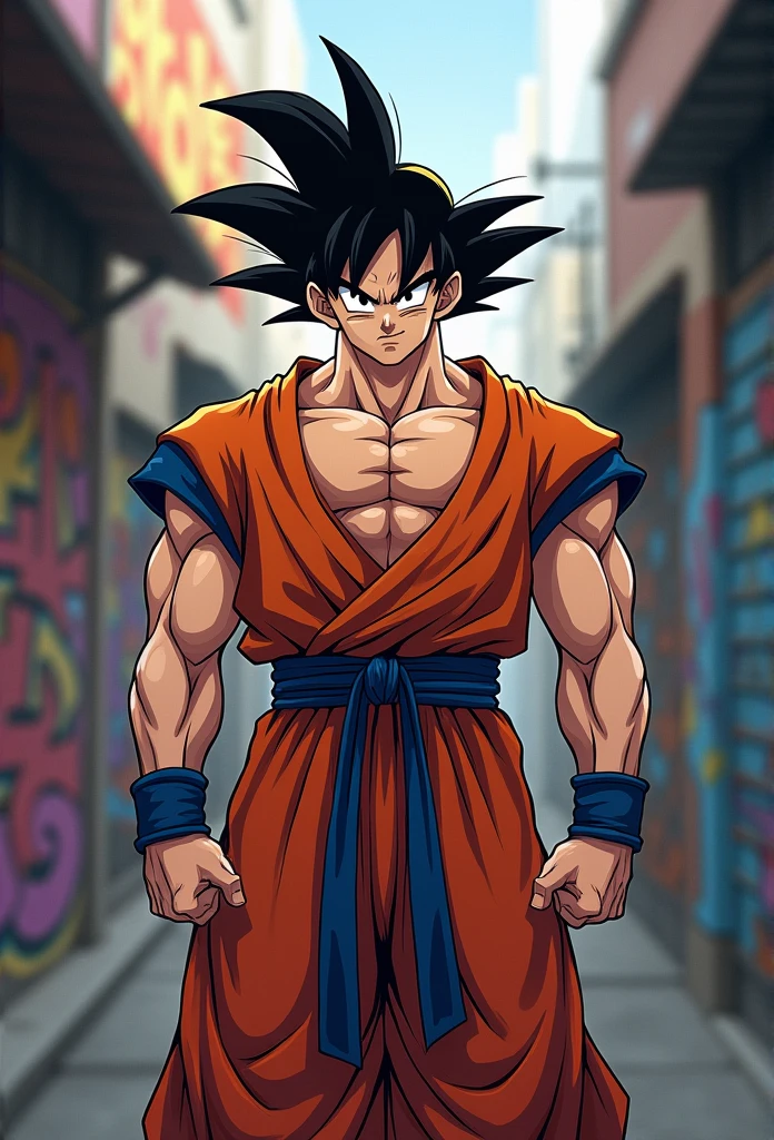 (Realistic,Realistic:1.37),Ultra-detailed,Detailed illustration of Goku(be familiar with,Emotional,Expressive,Features),Jedi Robe, Hooded Robe, Red Robe, Front opening robe, フードをsuffer, suffer, Hands on hips, smile, smiling,,Urban,casual),Standing in a narrow alley(Dirty,Brave,Urban),Created with detailed shading and texture(Fine Lines,Textured Surfaces),Vibrant colors combined with vibrant street art tones(graffiti,Pop Art,Urban Art),Exudes an aura of power(powerful,Energetic,Dynamic presence). The lighting in the scene should be dramatic and focused, the contrast between light and shadow is strong (Dramatic lighting,high contrast lighting). Overall image quality must be of the highest standard (Highest quality,4K,8k,expensive,Master Parts:1.2), Capture every intricate detail of Faustin's face, Hairstyle, clothing, Muscularな体格(Goku's additional tags: Spiky Hair, Muscular, Confident expression, Determined eyes). A atmosfera do beco deve refletir um ambiente Urbano e arenoso, The city skyline is visible in the background.