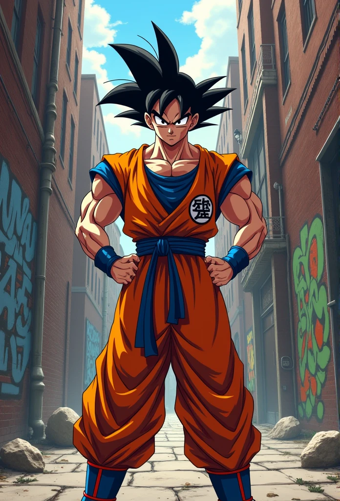 (Realistic,Realistic:1.37),Ultra-detailed,Detailed illustration of Goku(be familiar with,Emotional,Expressive,Features),Jedi Robe, Hooded Robe, Red Robe, Front opening robe, フードをsuffer, suffer, Hands on hips, smile, smiling,,Urban,casual),Standing in a narrow alley(Dirty,Brave,Urban),Created with detailed shading and texture(Fine Lines,Textured Surfaces),Vibrant colors combined with vibrant street art tones(graffiti,Pop Art,Urban Art),Exudes an aura of power(powerful,Energetic,Dynamic presence). The lighting in the scene should be dramatic and focused, the contrast between light and shadow is strong (Dramatic lighting,high contrast lighting). Overall image quality must be of the highest standard (Highest quality,4K,8k,expensive,Master Parts:1.2), Capture every intricate detail of Faustin&#39;s face, Hairstyle, clothing, Muscularな体格(Goku's additional tags: Spiky Hair, Muscular, Confident expression, Determined eyes). A atmosfera do beco deve refletir um ambiente Urbano e arenoso, The city skyline is visible in the background.