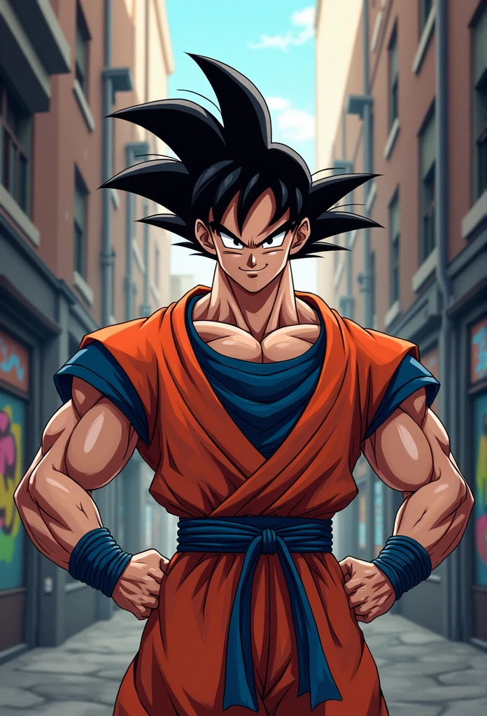 (Realistic,Realistic:1.37),Ultra-detailed,Detailed illustration of Goku(be familiar with,Emotional,Expressive,Features),Jedi Robe, Hooded Robe, Red Robe, Front opening robe, フードをsuffer, suffer, Hands on hips, smile, smiling,,Urban,casual),Standing in a narrow alley(Dirty,Brave,Urban),Created with detailed shading and texture(Fine Lines,Textured Surfaces),Vibrant colors combined with vibrant street art tones(graffiti,Pop Art,Urban Art),Exudes an aura of power(powerful,Energetic,Dynamic presence). The lighting in the scene should be dramatic and focused, the contrast between light and shadow is strong (Dramatic lighting,high contrast lighting). Overall image quality must be of the highest standard (Highest quality,4K,8k,expensive,Master Parts:1.2), Capture every intricate detail of Faustin's face, Hairstyle, clothing, Muscularな体格(Goku's additional tags: Spiky Hair, Muscular, Confident expression, Determined eyes). A atmosfera do beco deve refletir um ambiente Urbano e arenoso, The city skyline is visible in the background.