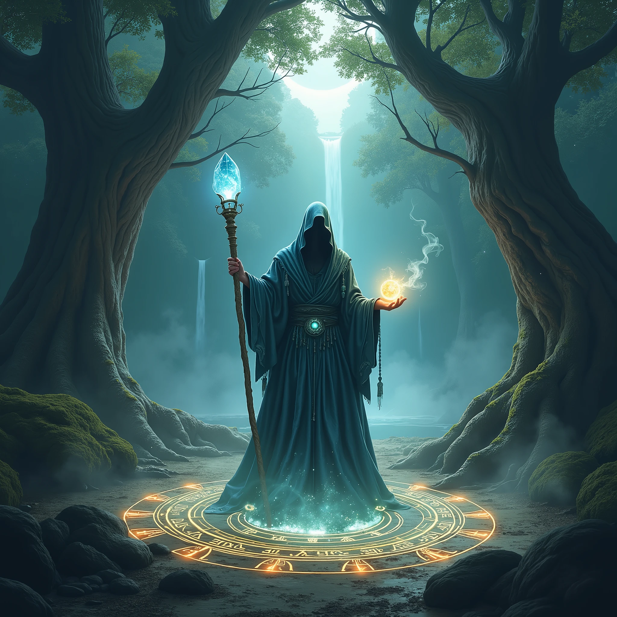 In the depths of an ancient, shadow-filled forest, where the whispers of the wind carry secrets of old, stands a towering figure cloaked in twilight. This is the realm of the mystical sorcerer, whose presence commands awe and reverence. The sorcerer is enveloped in a flowing robe that shimmers with the colors of the deep ocean and starlit sky, woven with silver threads that glimmer like a constellation cast upon the fabric. In his hand, he holds a staff made from the twisted branches of the world tree, topped with a clear crystal orb that pulses with a soft, otherworldly light. His eyes, deep and penetrating, seem to see beyond the mere physical realm, holding knowledge of ancient spells and forgotten worlds.
In front of him, a complex set of glowing sigils are etched into the ground, pulsating with magical energy. These runes form a circling pattern that evokes the cosmic order, spiraling into the ether. The air crackles with anticipation as ethereal, ghostly mists rise from the earth, entwining around the sorcerer's form, creating an aura of power and mystery. Luminescent wisps flit about like curious spirits, drawn to the sorcerer’s spectral call.
The background is a tapestry of towering, darkened trees, their gnarled branches like skeletal fingers reaching towards the heavens, draped in veils of emerald moss. Above, the canopy is pierced by shafts of silvery moonlight, casting an enchanted glow over the scene. In the distance, the faint roar of a cascading waterfall can be heard, harmonizing with the rhythmic chanting of the sorcerer as he summons forces unknown to mortal man. The atmosphere is thick with the aroma of ancient wood, damp earth, and the subtle hint of sage burning in the conjuring ritual.
This setting creates a sense of timeless magic, a moment caught between reality and legend, where the line between the seen and unseen blurs, inviting those who dare to witness the unveiling of arcane mysteries. Let this scene evoke the grandeur of a tale as o