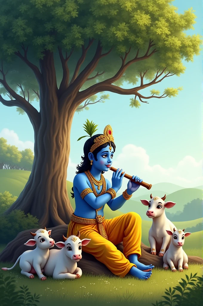 Hindu Lord Krishna playing flute and sitting near tree with cows besides him ,and above the photo title is written "happy janmashtami to all of you from Cambridge school Rewari"