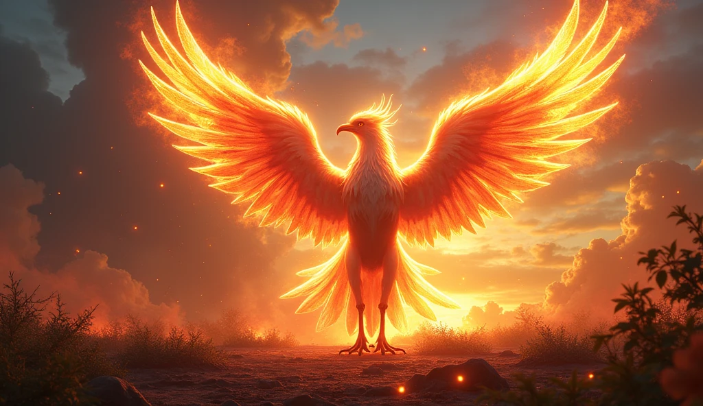 A majestic Phoenix rising from its own ashes in a dramatic display of flames and light. The scene is set against a twilight sky filled with swirling clouds and the glowing embers of a dying fire. The Phoenix's wings spread wide, with vibrant feathers that glow in shades of gold, red, and orange, illuminating the surrounding area. The ground beneath is scorched, with new life emerging in the form of small plants and flowers, symbolizing rebirth. The atmosphere is both intense and serene, capturing the awe of this mythical creature's renewal.

