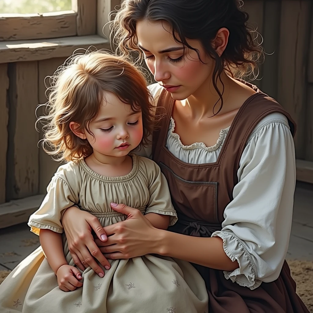  girl in peasant dress on the lap of her peasant mother