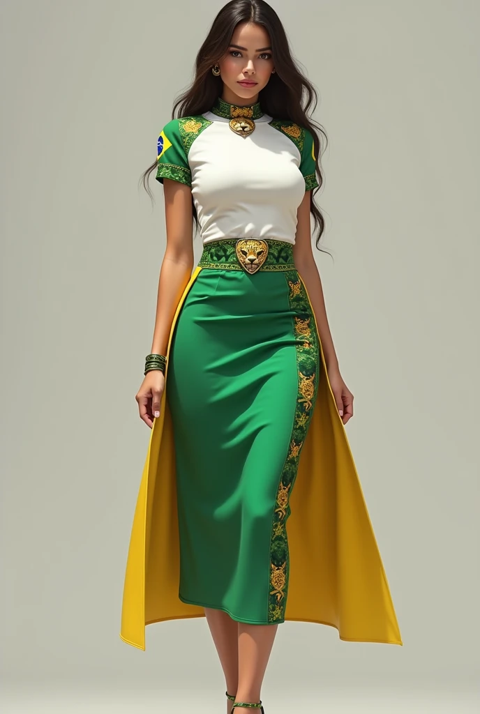 A woman wearing a medium-length skirt, green with a horizontal stripe and yellow on the hem of the skirt. On top of the skirt is a belt with jaguar details and a buckle in the middle.. along with a tight white t-shirt with a green gradient on the shoulders and with jaguar details on the short sleeves of the t-shirt and with the Brazilian flag and the symbol of the Olympics on the t-shirt.