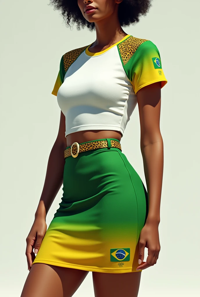 A woman wearing a medium-length skirt, green with a horizontal stripe and yellow on the hem of the skirt. On top of the skirt is a belt with jaguar details and a buckle in the middle.. along with a tight white t-shirt with a green gradient on the shoulders and with jaguar details on the short sleeves of the t-shirt and with the Brazilian flag and the symbol of the Olympics on the t-shirt.