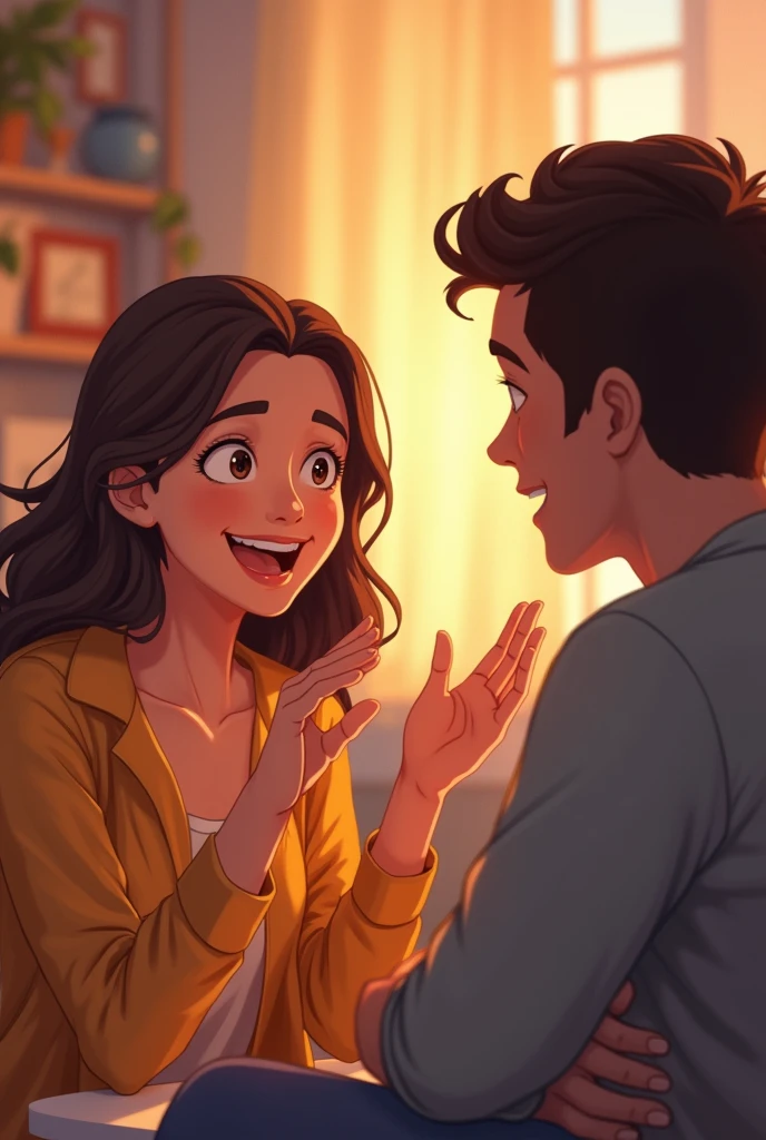 Imagine a girl happily talking about her boyfriend.。The man made hand gestures as he spoke.、The other person is patiently and actively listening.、The head is tilted slightly、Shows that you are fully focused and paying attention to the conversation。It's in the conversation、Smiling a little。