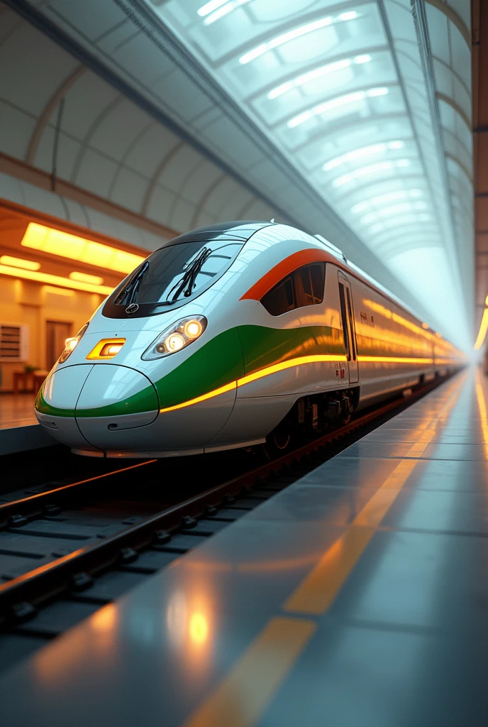 Imagine a Sleeper Bullet Train from Exterior more Aerodynamic and Interior lights should be Yellow and Orange body Side Look with Indian Flag Colours more futuristic
