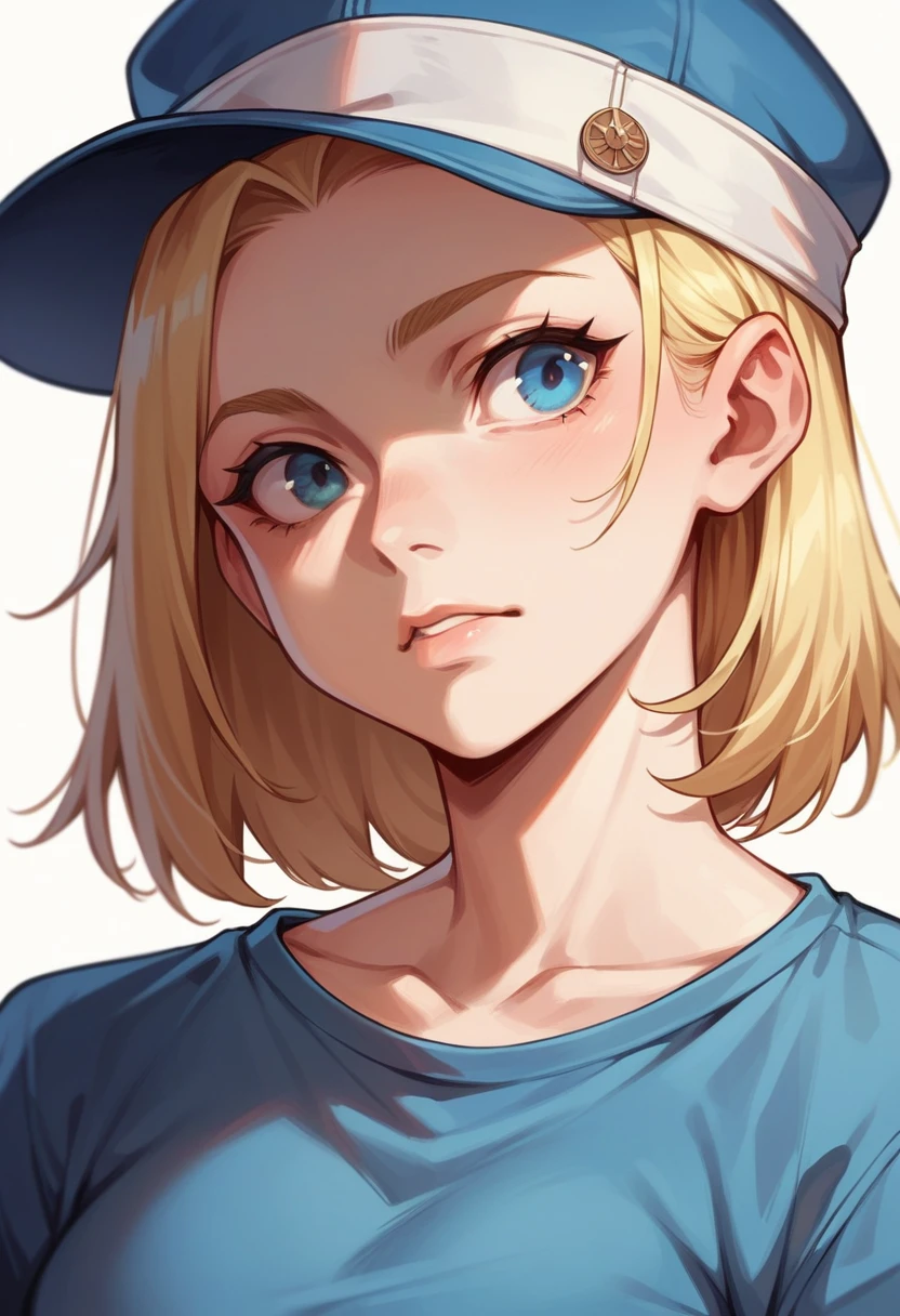 Portrait of a blonde girl wearing a blue hat and blue shirt