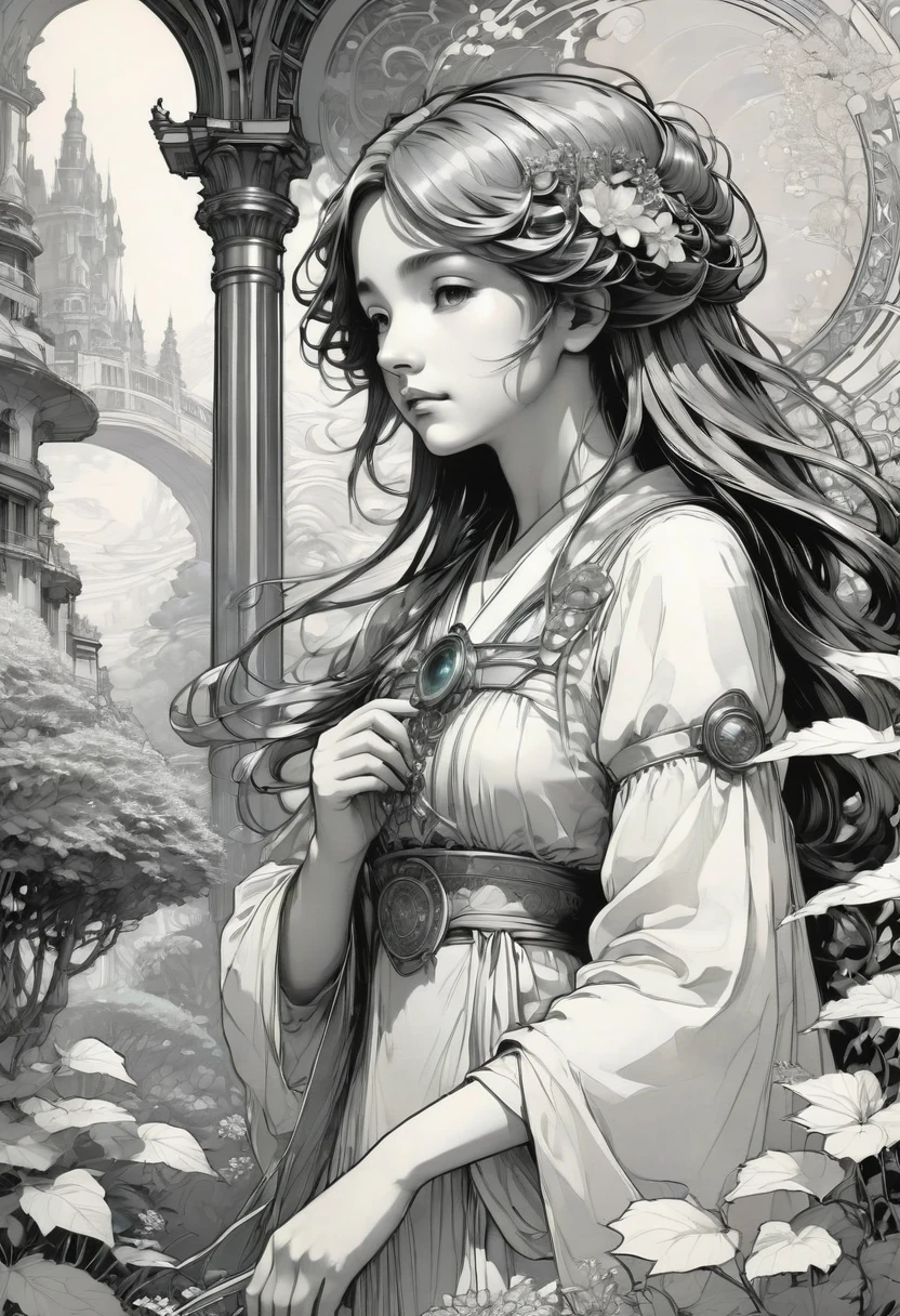 Studio Ghibli and Alphonse Mucha, Line art, Monochrome, Highest quality, masterpiece, so beautiful, Perfect composition, Very detailed