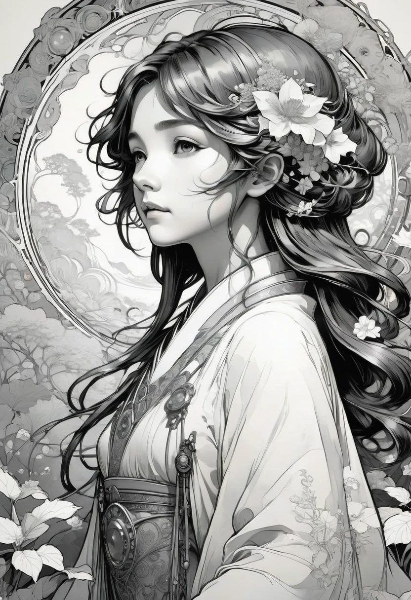 Studio Ghibli and Alphonse Mucha, Line art, Monochrome, Highest quality, masterpiece, so beautiful, Perfect composition, Very detailed