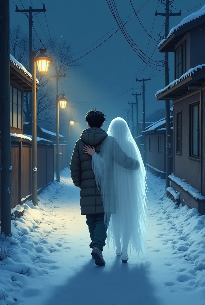 A boy walking backwards through the streets of Korea in the snow and at night and the ghost is transparent and it&#39;s a boy from his boyfriend who hugs him and is next to him