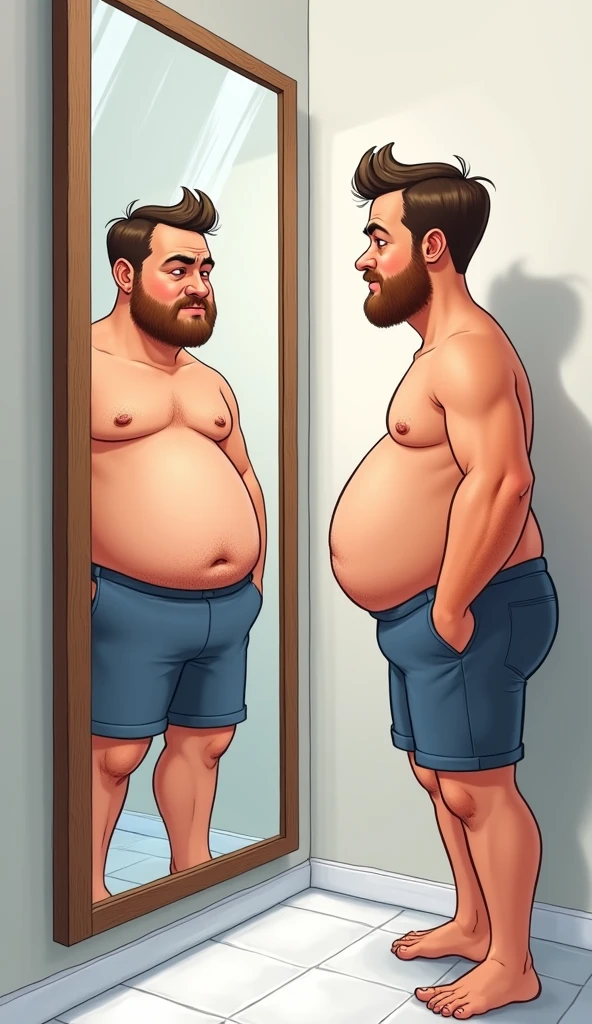 the man looking at their stomach in the mirror, noticing some weight gain, CARICATURE, reality