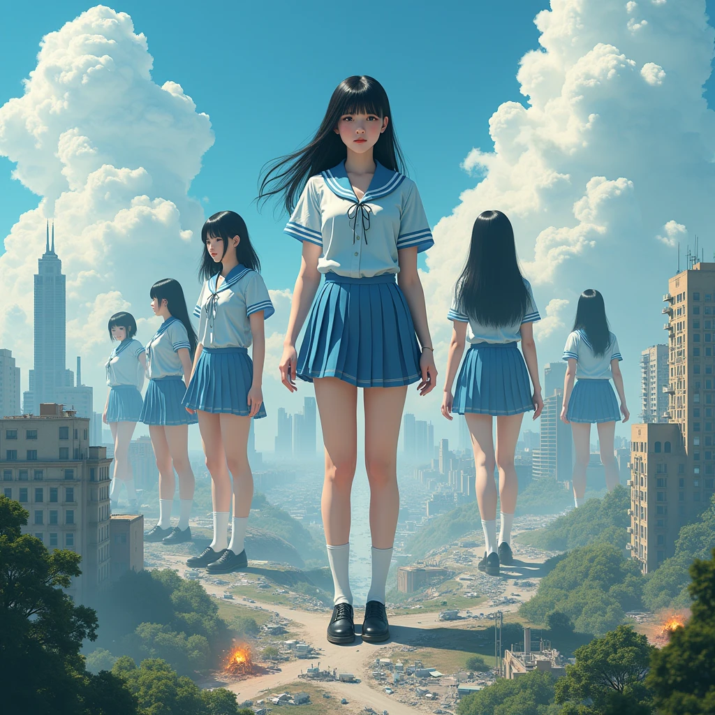 (((Best Super High quality giant Clone girls Raw Photography Art))), (((16K, Highest quality, Ultra-high resolution, RAW Photos))), (((((It&#39;s a very unrealistic and delusional worldview.))))), A high school girl with thick black hair, Light blue short sleeve uniform, Blue and white striped mini skirt, White socks, Black leather shoes, Very detailed美しい女体, Very detailed完璧な体の構造, ((Big Breasts)), (((A seductive smile))), (((((Extremely detailed depiction, Super huge beautiful girl, 25,000ft, High school girls are much taller than skyscrapers, The shoes worn by high school girls are bigger than skyscrapers))))), (((((Sky 5,A depiction of looking down on a group of gigantic high school girls from 000m above sea level))))), (((((small city, Super miniature city, The people in the town are tiny))))), ((((((((Highly detailed cloning depiction, 1giant girl-1,000giant clone-girls)))))))), (Very detailed, The detailed depiction of the proliferation of Clone-girls, ((With perfectly identical Clone-girls&#39; bodies, With the exact same face as Clone-girls, With the exact same hairstyle as Clone-girls, Dressed exactly like the Clone-girls, Exactly the same height as the Clone-girls, 完璧にClone-girlsと同じ超Big Breasts), (((((1,000giant Clone-girls))))), ((There are so many gigantic high school girls that you can barely move your feet., A bunch of high school girls crush and smash a skyscraper with their feet, Destroying cities, rubble scattered, Many explosions and smoke at the places where they were stepped on, All skyscrapers are destroyed, The city burns, The city is vacant, The giant shoe&#39;s footprints are so large they dig into the ground.)), City Survivors 0.001％, High school girls have fun