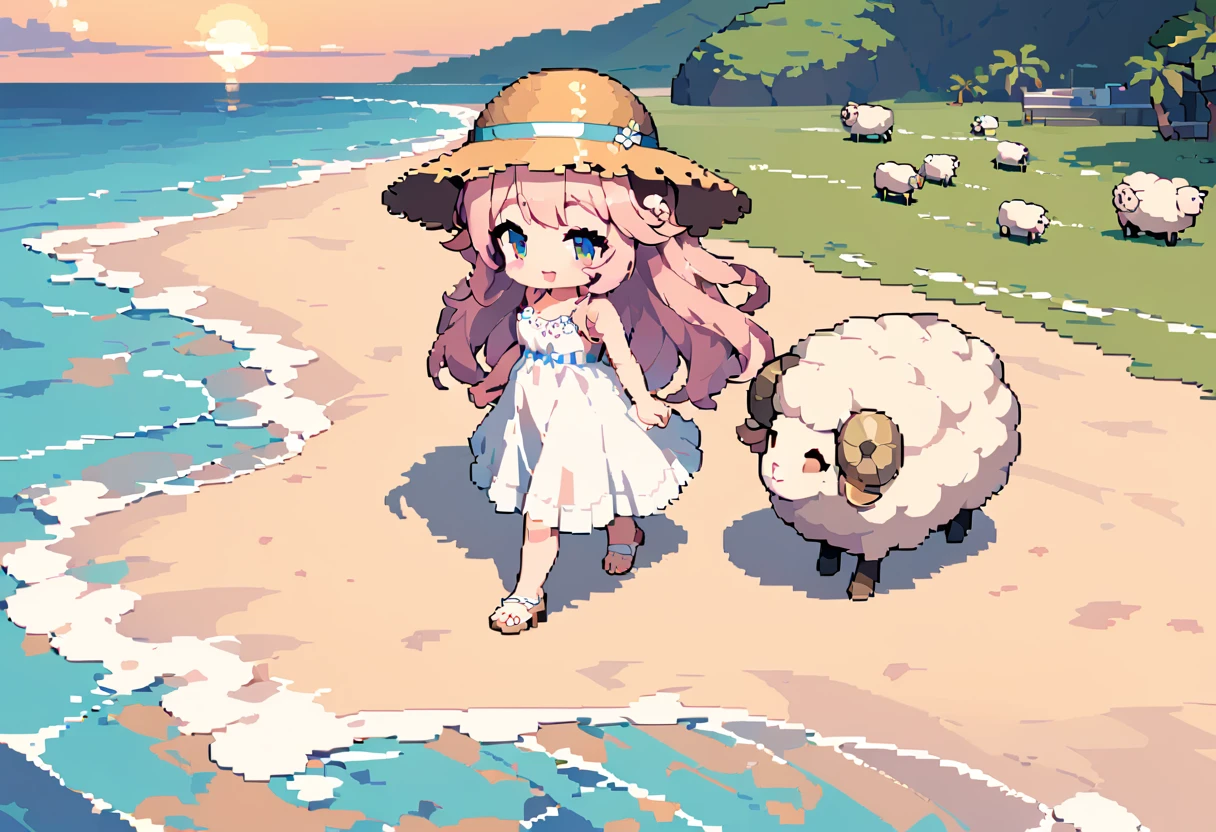 masterpiece, Highest quality, 8k, \(Pixel art, Vivid, Highest quality\), \((One person, Sheep)), (young woman, Open your mouth, Fluffy hair, Long Hair, Hair like sheep's hair, Pink Hair, eyebrow, 太いeyebrow, White dress, Straw hat, High heel sandals\), (Highest quality:1.0), (\Seaside, Walking on the beach, evening\), 1 sheep