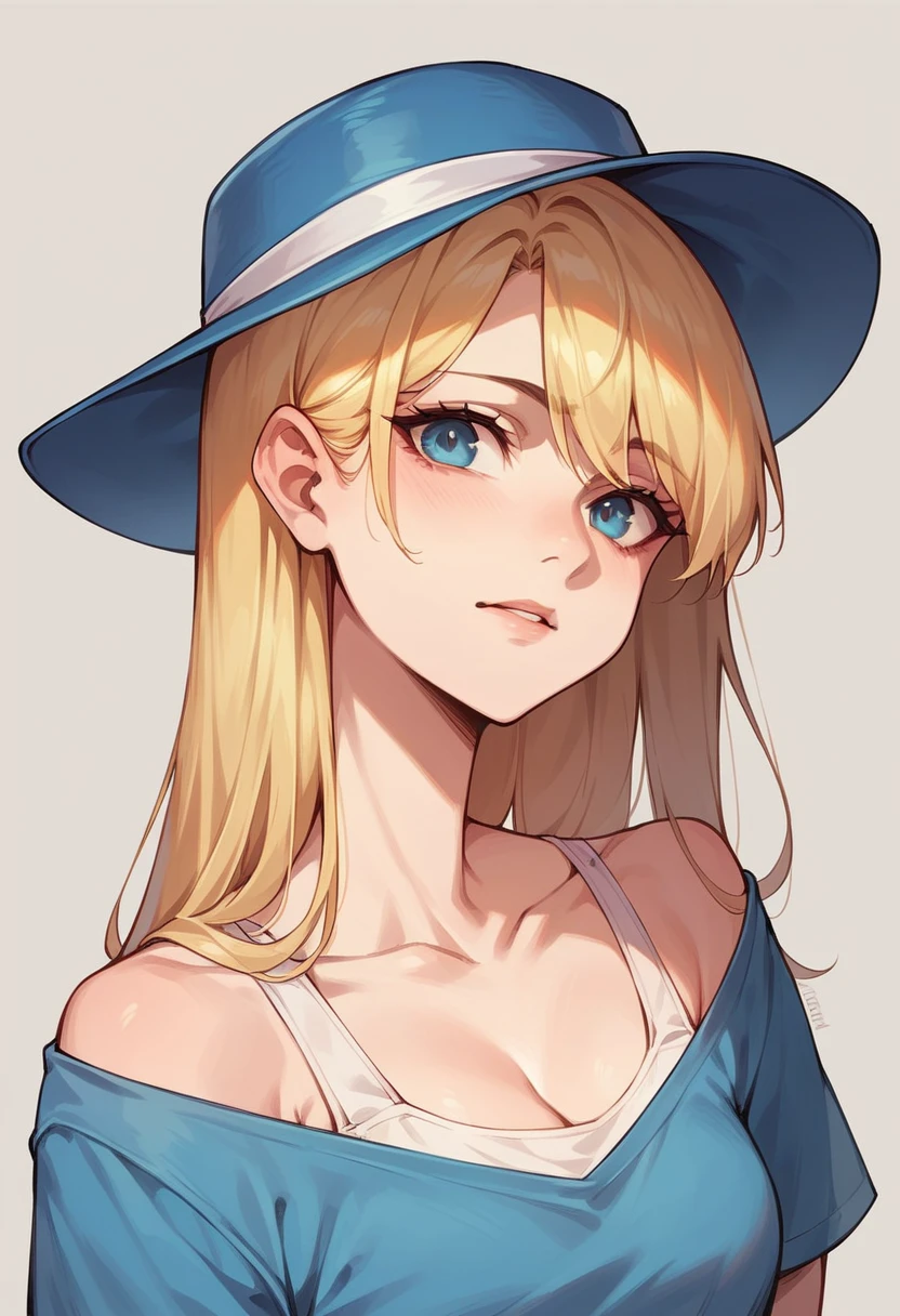 Portrait of a blonde girl wearing a blue hat and blue shirt