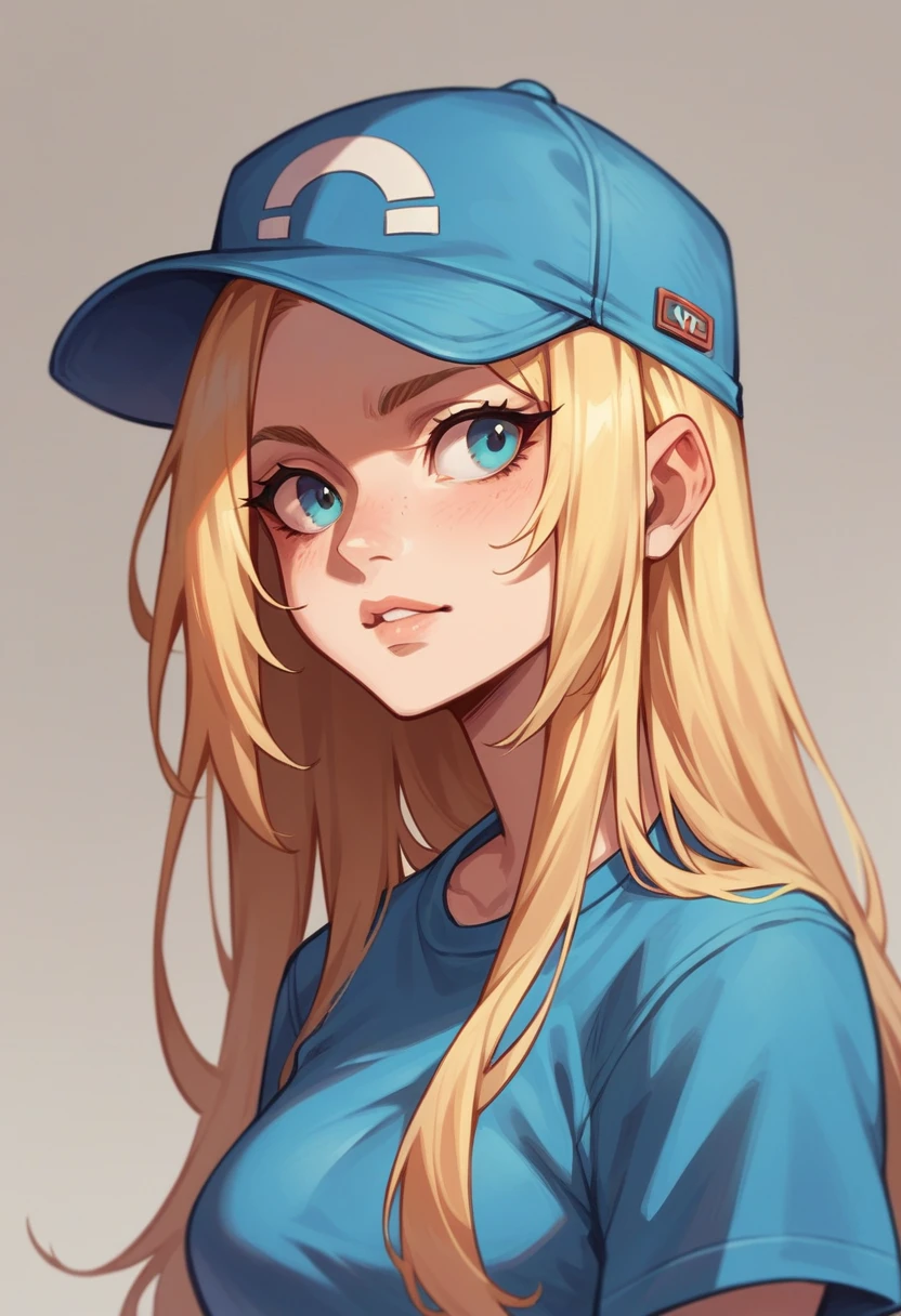 Portrait of a blonde girl wearing a blue hat and blue shirt