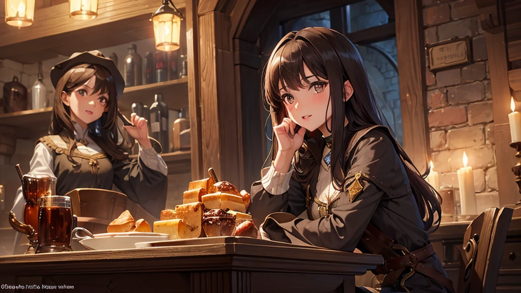 beautiful girl, Dark brown hair, semi-long, Brown eyes, Dark Eyes, Fuller lips, middle ages, Wizard, Tavern, Having fun at the table