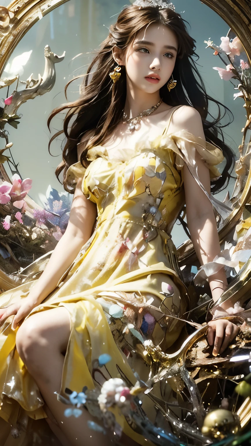 8k, Ultra HD, masterpiece, 1 girl, (nice face:1.4), detailed eyes, very long hair, impressive hairstyle, earring, necklace, , (yellow dress:1.5), see through, (fantasy dress:1.5) A foundation with bright colors that makes your skin appear transparent., (In Wonderland:1.5), Mystery, Diwali lights, shining lights, Very decorative, The light falls like water, Perfect front body, seat,