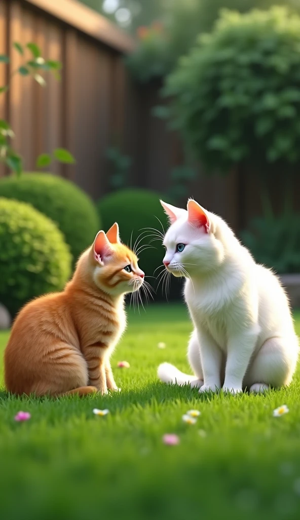 make me a realistic photo of a beautiful white female cat talking to a cute and fat Orange cat in front of the yard