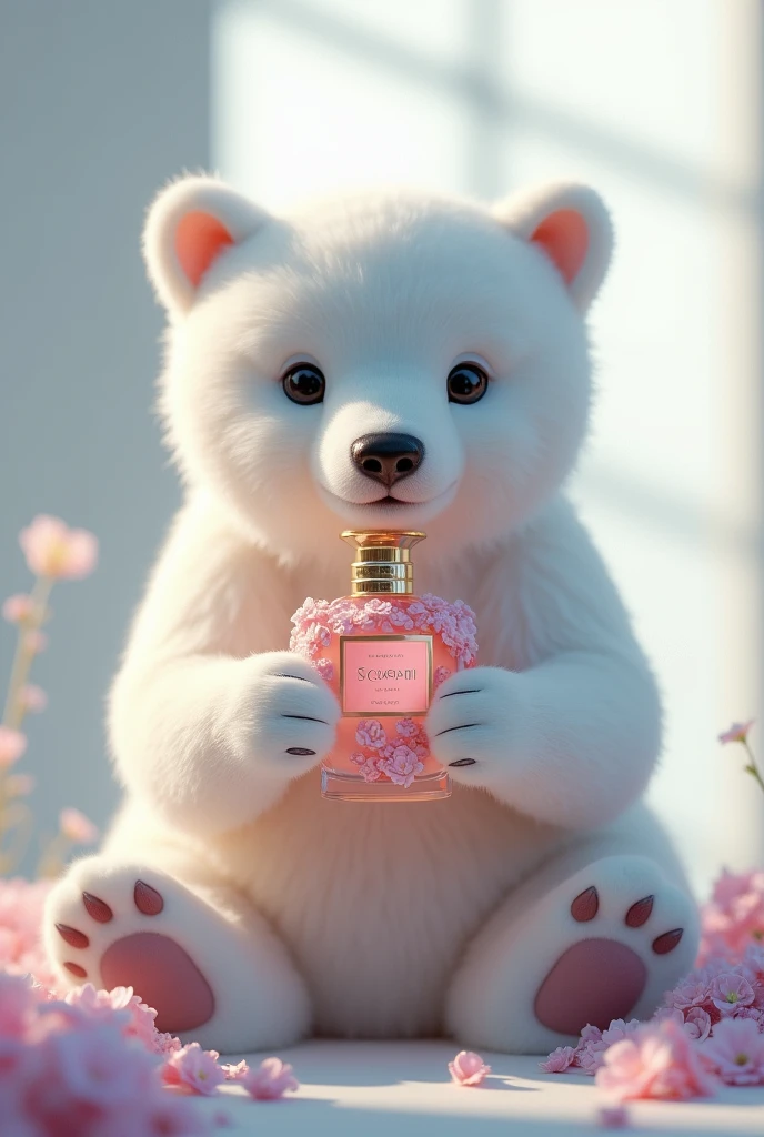 face of a white bear applying perfume