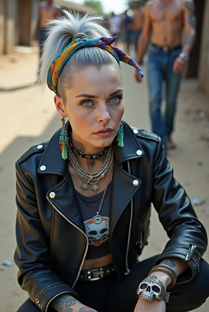 russian milf woman, grey hair (pouf, shaved sides, ponytail) and oversize wide colourful bandana as headband, with very light blue eyes, extremely pale. Wearing  cropped black moto jacket with lots of zippers and pins. Dark grey cropped top with winged skull logo , skinny blue jeans with holes in knees. Dirty white tennis sneakers . Chin up, stretching her neck. Lots of metallic bracelets and  colourful beads collars. Tacky wide studded leather belt with oversized skull and bones buckle. Long bohemian earrings with feathers. Squatting, looking at the camera. Shy, humble facial expression. Hands on her knees,  studded black leather tote bag with chains next to her  Listening in amazement to somebody speaking to her, Toned abdominals, thin neck, slim legs and thin arms. Chest, neck and hands tattoed heavily.  Dirt road in Kenia village, crowded with shirtless men in jeans. next to her, coins , mobile, lipstick, makeup kit and sunglasses and all her belongings scattered on the floor