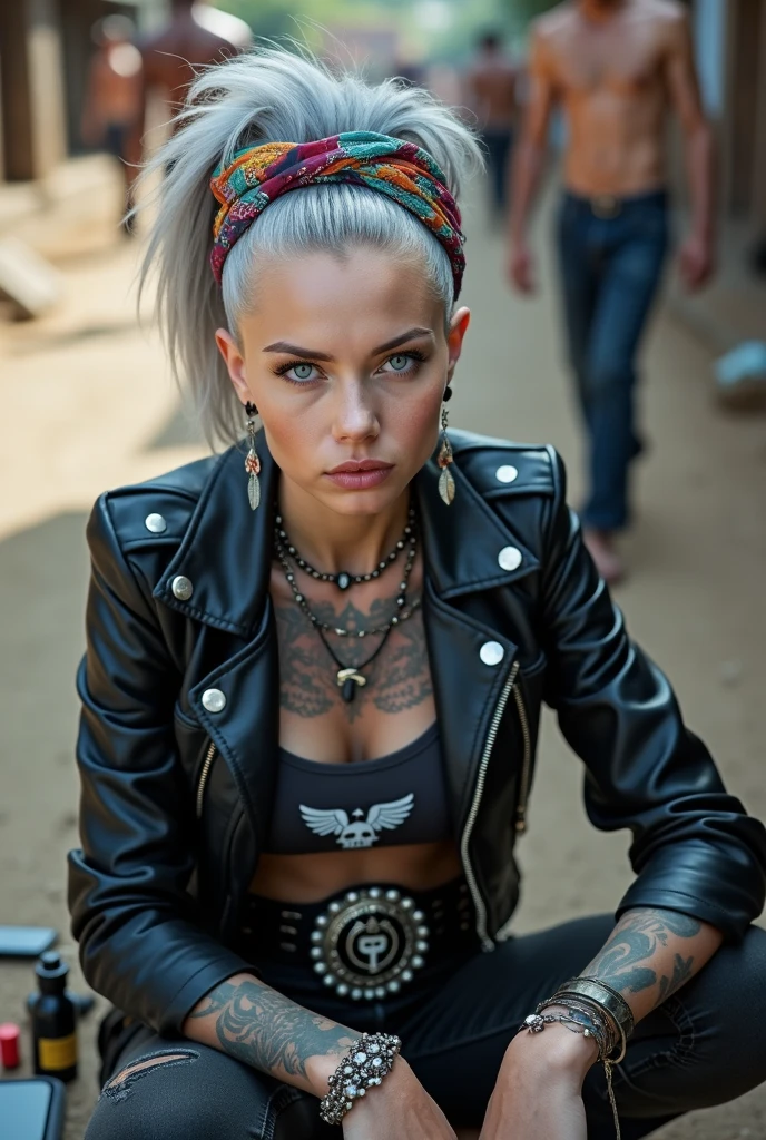 russian milf woman, grey hair (pouf, shaved sides, ponytail) and oversize wide colourful bandana as headband, with very light blue eyes, extremely pale. Wearing  cropped black moto jacket with lots of zippers and pins. Dark grey cropped top with winged skull logo , skinny blue jeans with holes in knees. Dirty white tennis sneakers . Chin up, stretching her neck. Lots of metallic bracelets and  colourful beads collars. Tacky wide studded leather belt with oversized skull and bones buckle. Long bohemian earrings with feathers. Squatting, looking at the camera. Shy, humble facial expression. Hands on her knees,  studded black leather tote bag with chains next to her  Listening in amazement to somebody speaking to her, Toned abdominals, thin neck, slim legs and thin arms. Chest, neck and hands tattoed heavily.  Dirt road in Kenia village, crowded with shirtless men in jeans. next to her, coins , mobile, lipstick, makeup kit and sunglasses and all her belongings scattered on the floor