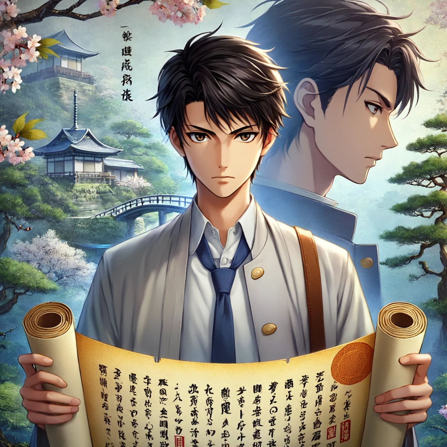 An anime character holding a scroll、The scroll has Japanese writing on it., Makoto Shinkai and Artgelm, Makoto Shinkai and Tom Bagshaw, yusuke murata and makoto shinkai, Two handsome anime men, Anime PostersMovie StillsPortrait, Official Art, Anime portrait of a handsome man, hijikata toushirou