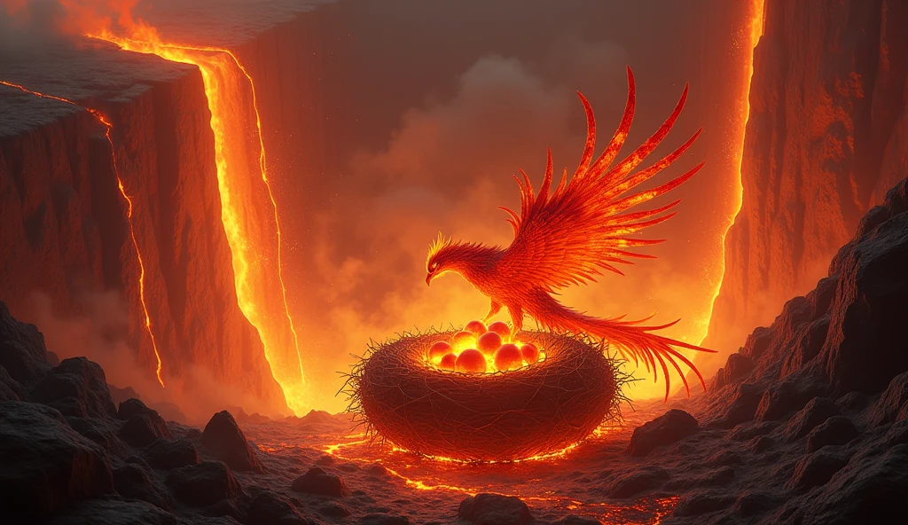 A breathtaking scene of a Phoenix nest perched within the heart of a massive, active volcano. The Phoenix is seen tending to its glowing, ember-like eggs, surrounded by a swirling aura of fire and heat. The volcano’s interior is a mix of flowing lava, sharp obsidian rocks, and pillars of smoke rising towards the crater’s opening. The Phoenix itself glows with an inner fire, its feathers shimmering in shades of red, orange, and gold. The atmosphere is intense, with the heat and light of the volcano creating a dramatic and otherworldly environment.
