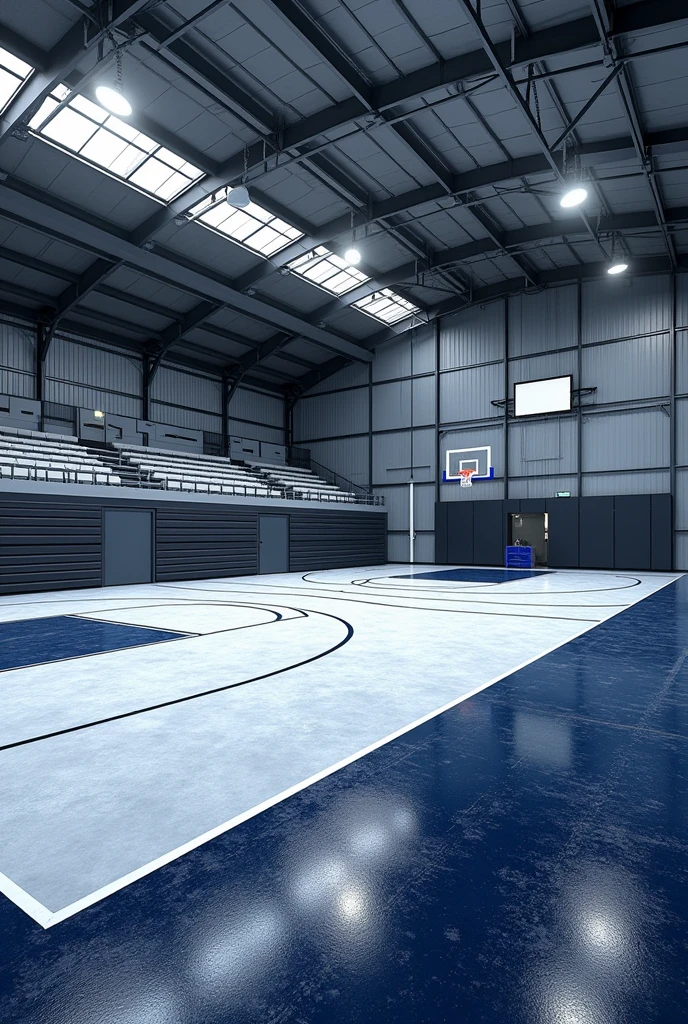 Terrazzo flooring multi task court basket ball, volleyball, net ball court made of terrazzo flooring and metal steal housing 8k hd make flooring visible the polished stone in black
white and navy blue and add small place for fans to sit enclosed it and put seats to