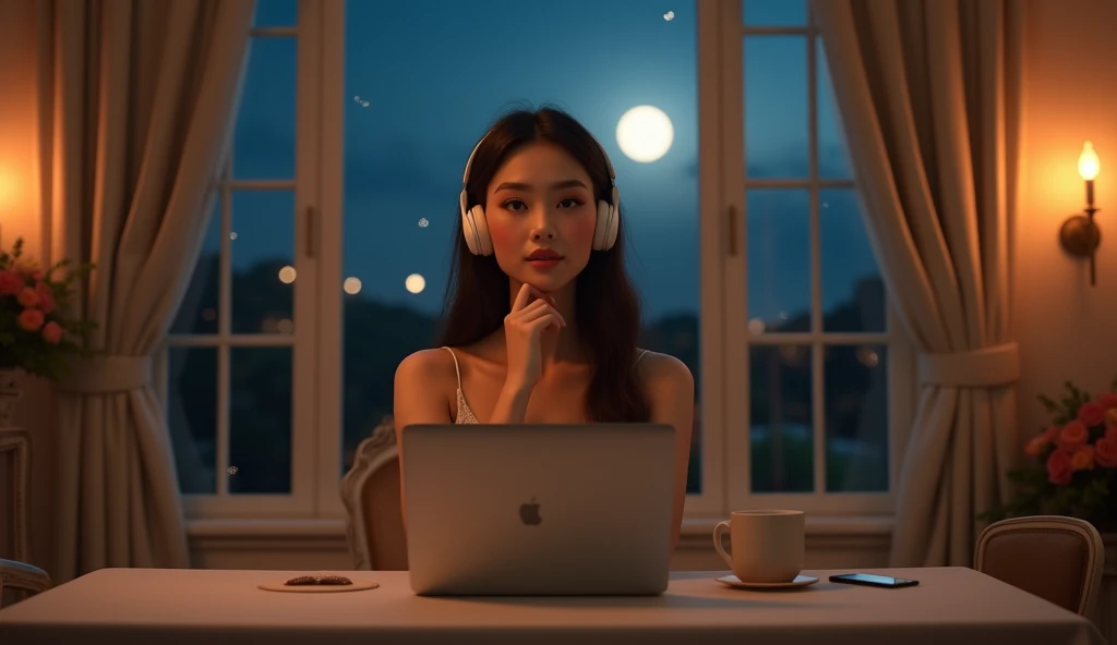 (photorealism:1.2), Create an image of an alone confident 2 Filipina woman with an hourglass body shape, slightly curvy, standing at 5'4". She has fair skin, long and thick hair, and a small heart-shaped face with subtle cheekbones and a rounded chin. Her nose is delicate, pointy, and . She is sitting on a chair at a table inside a beautifully decorated, well-lit room. The room is warmly illuminated by soft ambient lights, complementing the gentle moonlight streaming through large windows. She is wearing an elegant evening gown that drapes gracefully around her. In front of her is a MacBook Pro, and she is wearing large, stylish over-ear headphones, lost in the music playing. The camera is positioned directly in front of her, capturing her thoughtful expression as her hands rest on the table or gently touch her chin. Outside, the night sky is dotted with stars, adding a serene and tranquil ambiance to the evening.