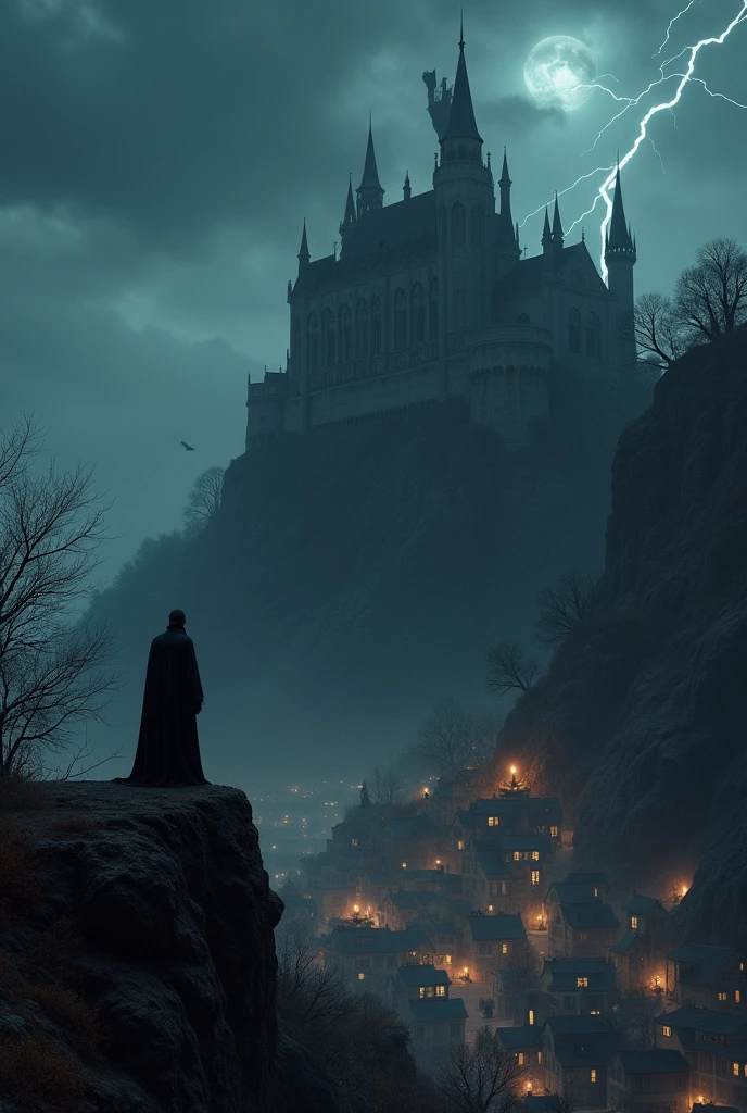 a small gothic town with lights only inside the buildings, behind and on top of a high hill is a dark and spooky castle and in front of the castle but behind the town is a vampire count on top of a cliff under a dark sky with one lightningbolt glooming in the night