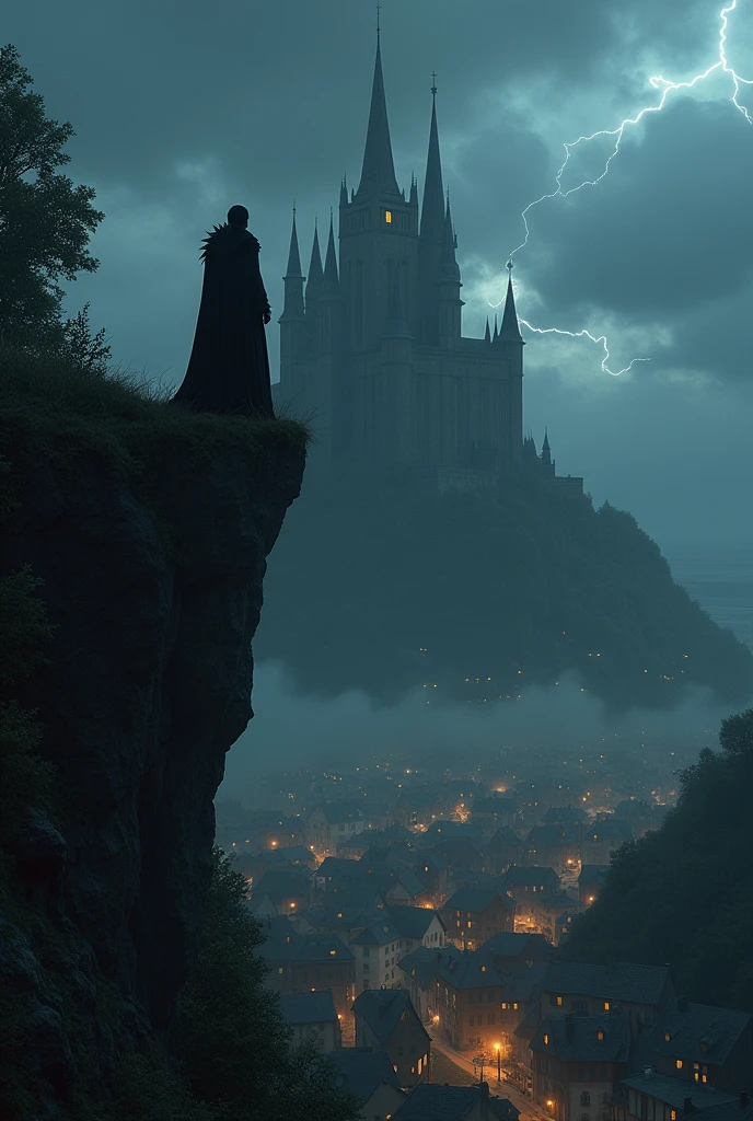 a small gothic town with lights only inside the buildings, behind and on top of a high hill is a dark and spooky castle and in front of the castle but behind the town is a vampire count on top of a cliff under a dark sky with one lightningbolt glooming in the night