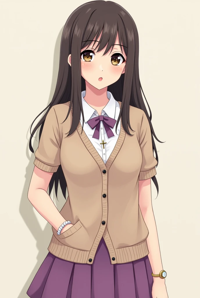 Une lycéenne de manga habillée d'un gilet de laine à manches courtes par-dessus une chemise blanche, accessoirisée d'un petit noeud violet, ainsi que d'une jupe violette. Elle a les cheveux brun foncē, très longs et épais, elle a la raie au milieu du crâne et pas de frange. Ses yeux sont marron-vert. Elle porte une croix chrétienne au cou, un montre doré très fine, un bracelet de perle, a une poitrine un peu forte, des hanches un peu imposantes, elle se tient droit avec son téléphone dans la main