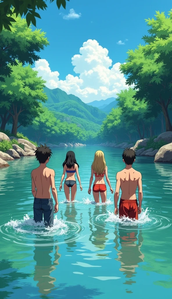 anime episode still shot of four age 2 boys and 2 girls playing in the river, they are having fun, wearing summer outfit, in the style of shonen anime, rough-edged 2d animation, vibrant color, lit kid --niji 5 --ar 3:2...Hawaii, gta vice style , illustration , reteo comic illustration moody, melancholic, vibrant color, detailed, akira --ar 16-9 --niji 6