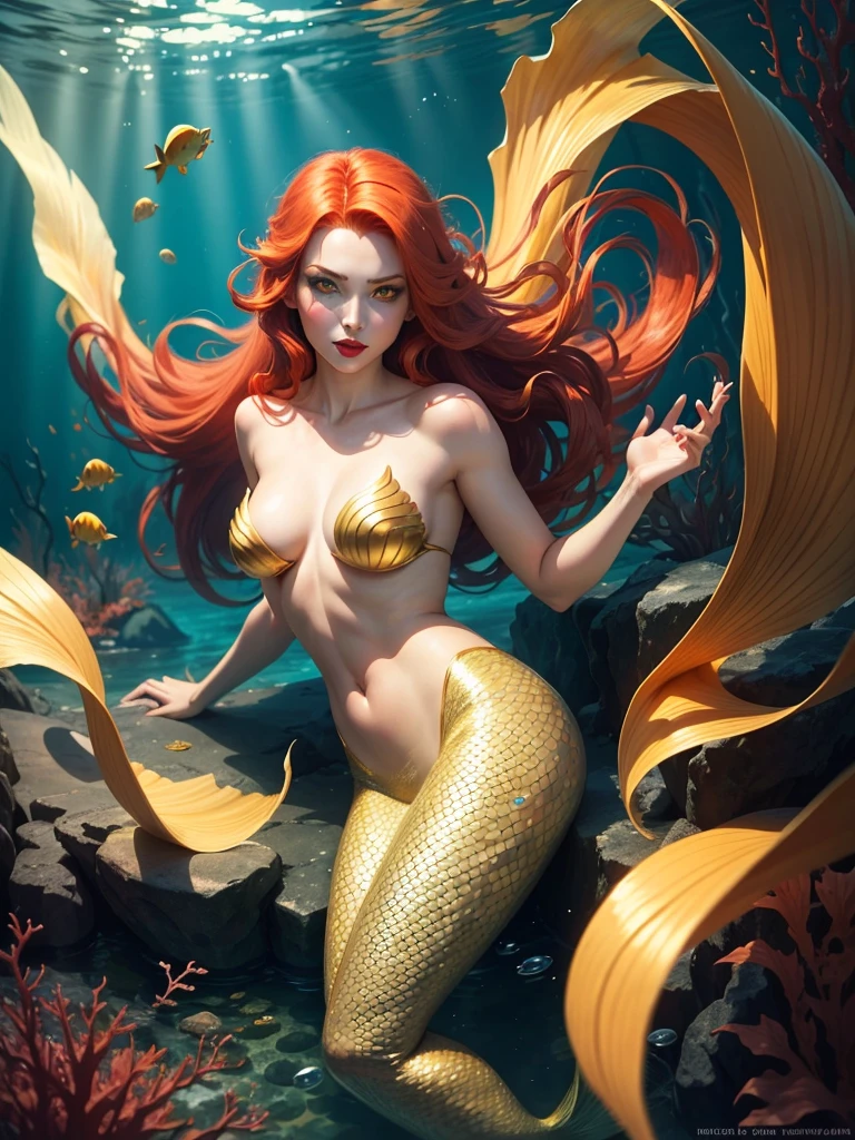 A mermaid with red hair, golden tail, golden top, yellow eyes , red lips,evil , underwater