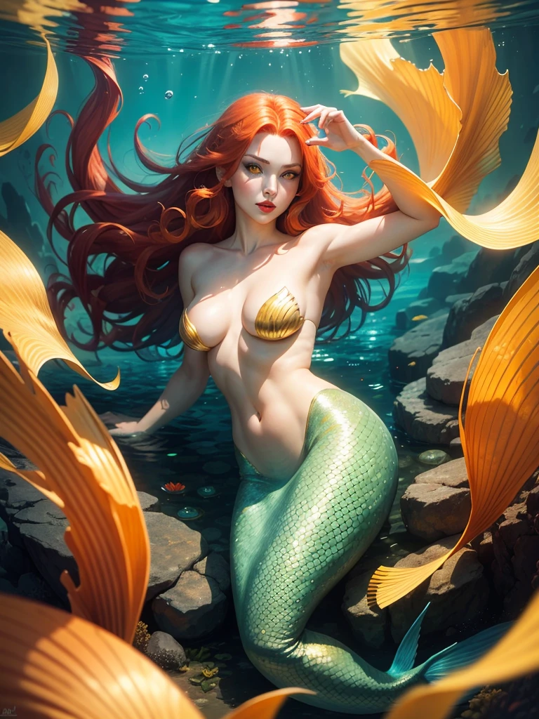 A mermaid with red hair, golden tail, golden top, yellow eyes , red lips,evil , underwater