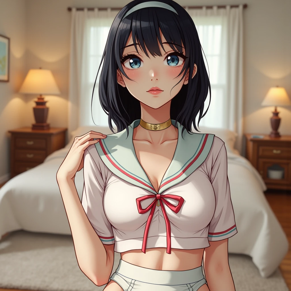 (Masterpiece: 1.3), (highest resolution: 1.2), (Ultra HD TV: 1.2), Cinema-grade lighting, 8K resolution, Detailed facial features , (Sharp focus: 1.2）, (Focus on the face:1.2),perfect style, Beautiful face, Acura, Anatomically correct, Two arms,Two legs、 Highly detailed facial and skin textures, Delicate and beautiful eyes, Glitter eyeliner: 1. Natural Cheeks, Glowing skin, glossy lips、 perfect style、Depiction of delicate hair、The body will be completely wet.、Wet underwear、rift、soft breasts、（Sperm in breast:1.4）（Semen on the thigh:1.4）、 Blush、Staring expression、An embarrassing appearance、Anxious expression、The appearance of humiliation、ashamed look、Anger、Grieving、tear、Open your knees、spread your legs、White bra、The clothes are not neat.、white panties、Sweating、Sailor Mercury、  (1 woman), blue eyes, blue hair,short hair, professional lighting, (Glowing skin: 1.2), Big Shadow, ((Highest quality)), Sharp focus: 1.2, Highly detailed facial and skin textures, Detailed eyes, perfect face, perfect body, Blur Art, CG, Large background , front (20 years old, 成熟したクールでBeautiful face), wear (Sailor Mercuryの衣装:1.5),Blue tight sailor suit on white background、Blue ultra mini skirt、Abandoned house、on the bed、(On my back, 、Lie on your back.、ベッドにlie down, ベッドにlie downいる, lie down, white sheet:1.6)、headband、Put your hands in your panties.、