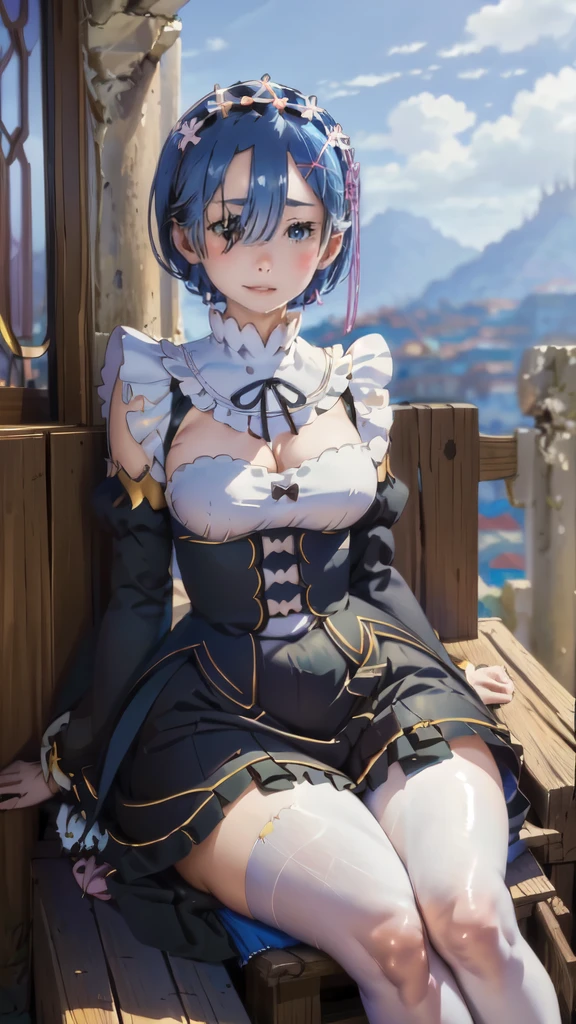 masterpiece, best quality, ((microo skirt)), pantyhose lace,smile, upper body, large breasts, house, blue sky,(sitting),(((wide hips))),thick thighs